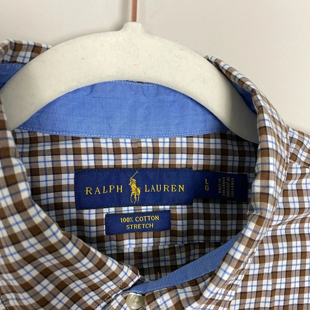 Ralph Lauren Button Down Dress Shirt Mens Large Brown Blue Plaid Check Business - Picture 2 of 6